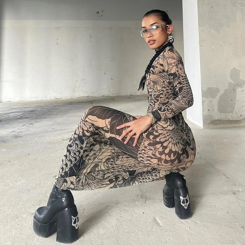 Vintage print mesh maxi-jurk voor dames 2025, trendy slanke, pure bodycon-jurk met lange mouwen en opstaande hals, elegante feestoutfit, nieuw