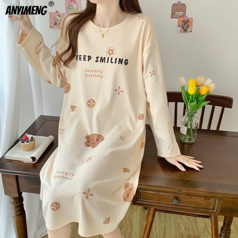 Women Nightgowns Autumn Spring New Long Sleeves Faux Cotton Sleepshirts O-neck Nightdress Casual Lady Long Gowns Milk Silk Dress