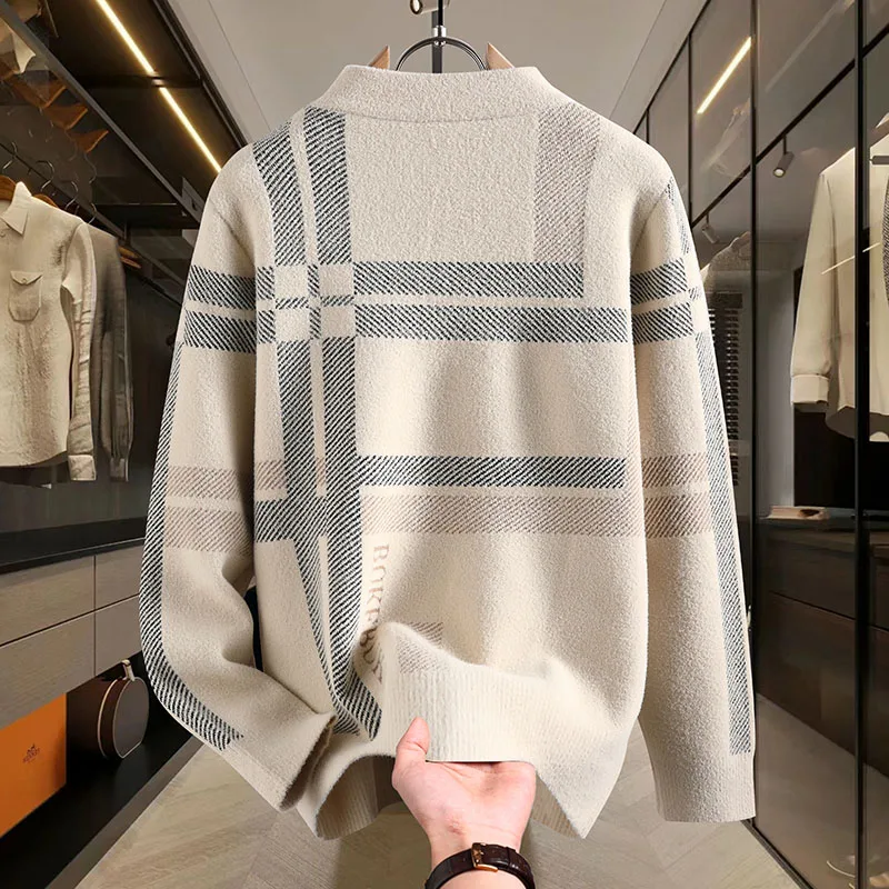 2024 New Autumn Winter High End Mink Cashmere Sweater Men Fashion Slim Fit Pullover Korean Soft Handsome Striped Sweaters Jumper