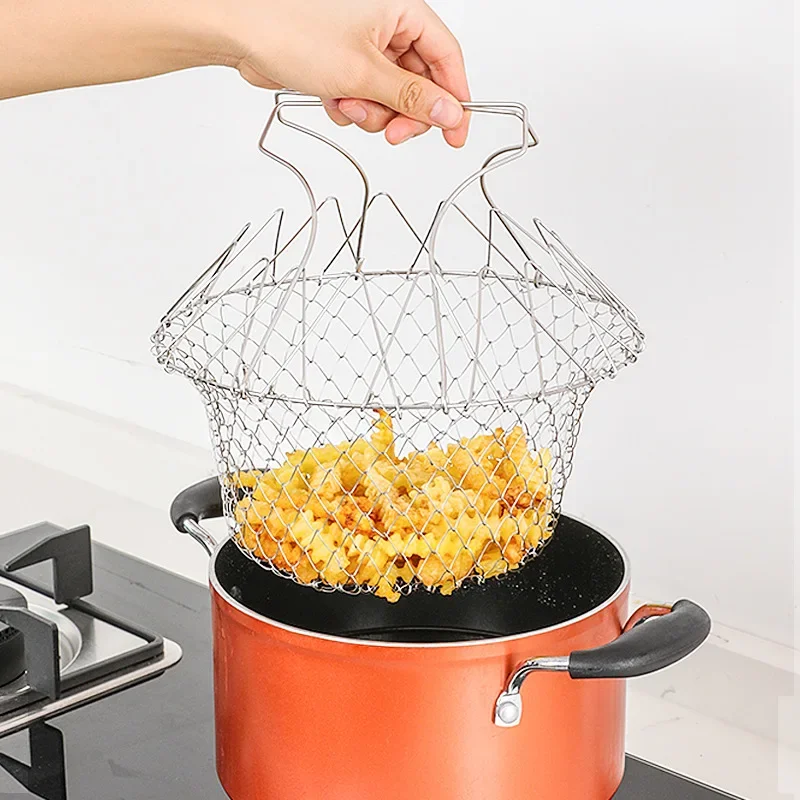 Edelstahl faltbarer multifunktionaler Frittierkorb Pommes-Frites-Sieb Küchengerät ist langlebig