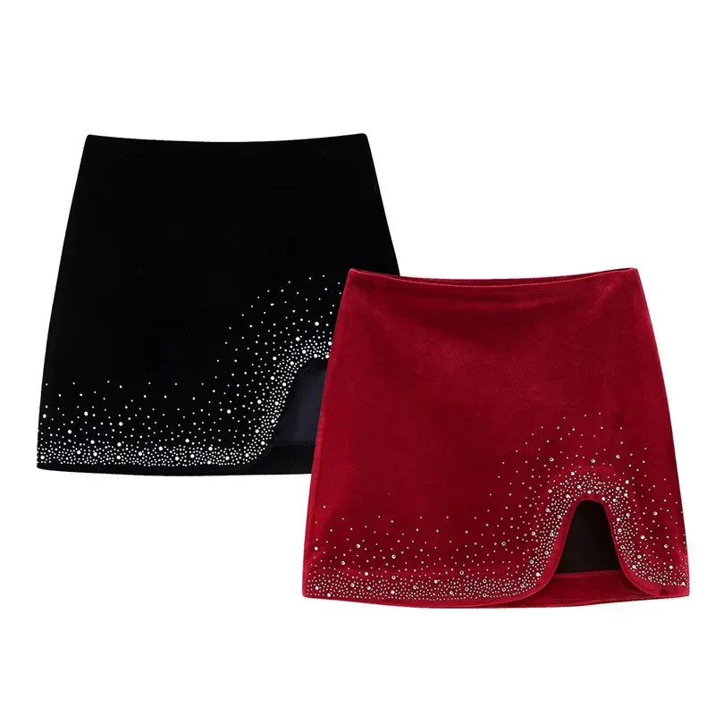 New Fashion Women's Sexy Winter Bright Diamond Split High Waist Velvet Mini Skirt Hot Girl Non-Mainstream Bright Slik Mini Skirt