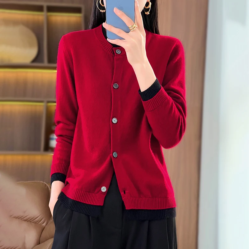 Cardigan de mistura de lã de cashmere YSC para mulheres, cardigan de malha, manga comprida, encaixe solto, colarinho falso de 2 peças, alta qualidade, modelos novos