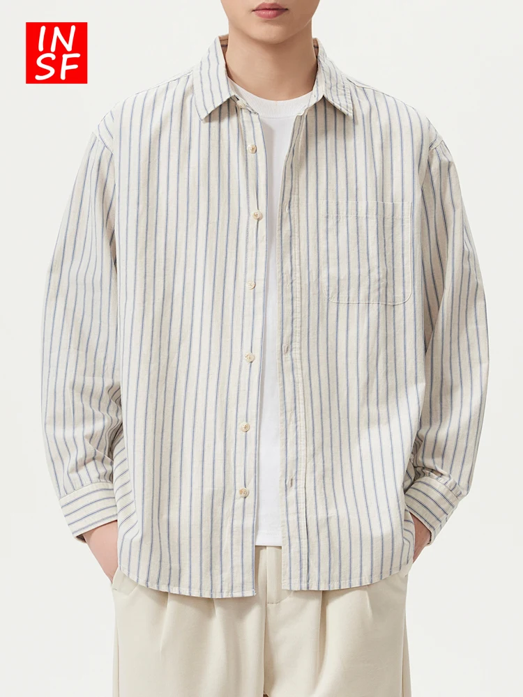 

American Sle Striped Color Blo Long Sve Men's irt Casual Loose Fit Spring New Arrival Versatile Cotton Linen Blend