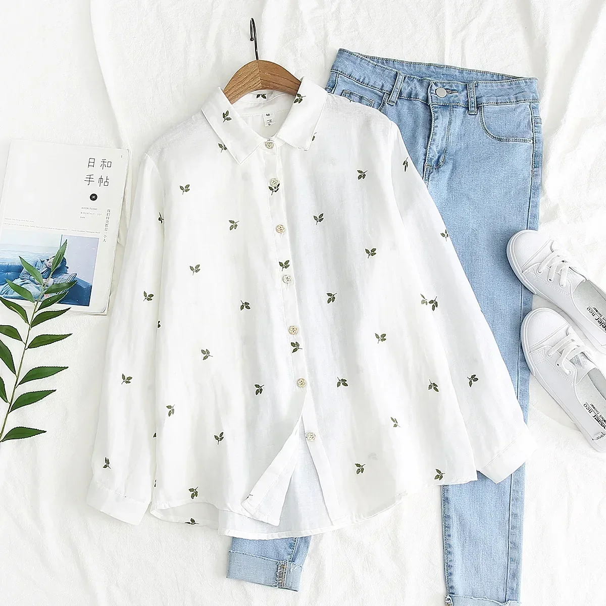 

Cotton Shirts Women Turn Down Collar Embroidery Long Sleeve Button Tops Girl's Office Work Loose Blouse Spring Fall T37515JC