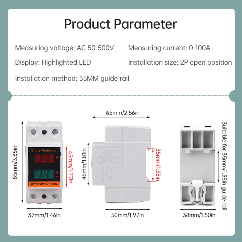 LCD Dual Digital Din Rail AC Voltmeter Ammeter Single-phase Voltage and Current Meter AC 50-500V 100A