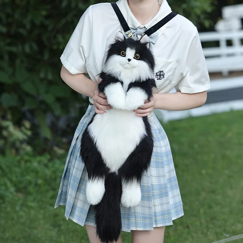 Realistic Cat Plush Backpack Girls Black Simulation Bag Cute Soft Stuffed Animal Backpack with Adjustable Straps Surprise Gift