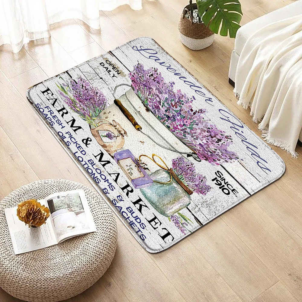 Floral Bath Mat Plant Purple Flower Farm Rustic Plank Sunflower Vintage Home Floor Mat Decorative Bathroom Kitchen Entrance Mat