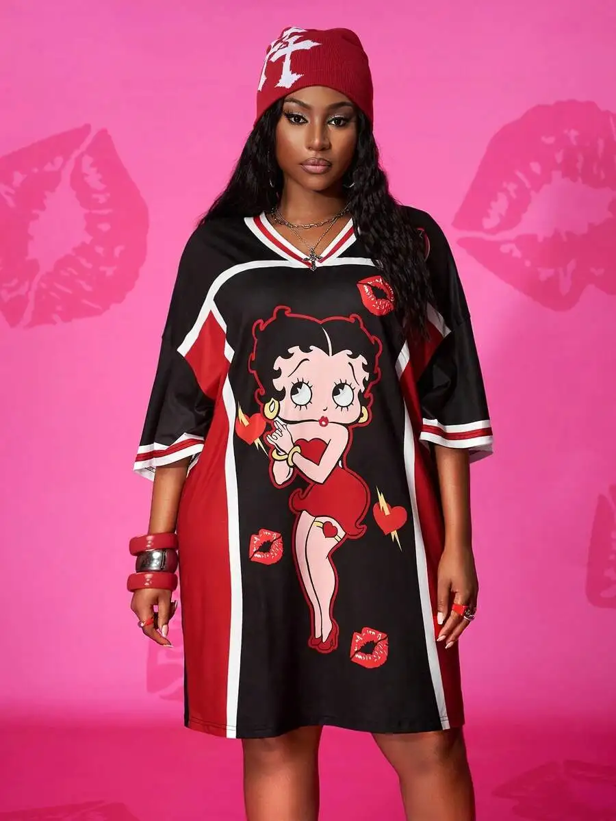 

Betty Boop Cartoon Print V-Neck Loose Drop Shoulder Oversize Short Dress Black Red Contrast Casual Women Summer