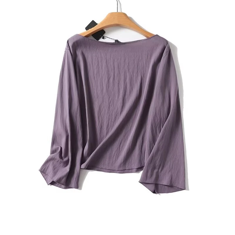 Withered  Minimalist Purple Boat Neck Long Sleeved Shirt Women Fashion Ladies Autumn Blouse Women Tops