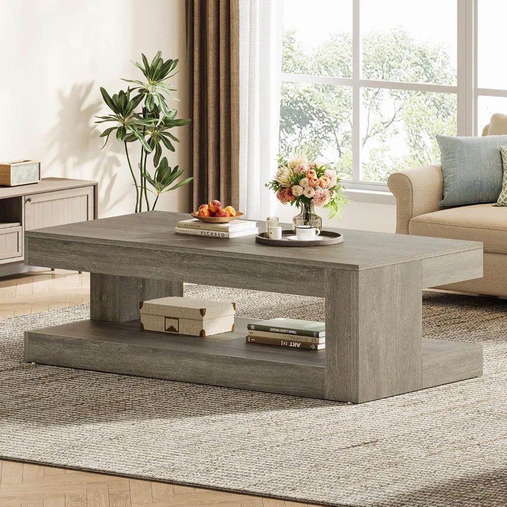 

Coffee Table for Living Room, 47.24 Inch Farmhouse 2-Tier Accent Center Tea Cocktail Table with Storage, Elegant Grey
