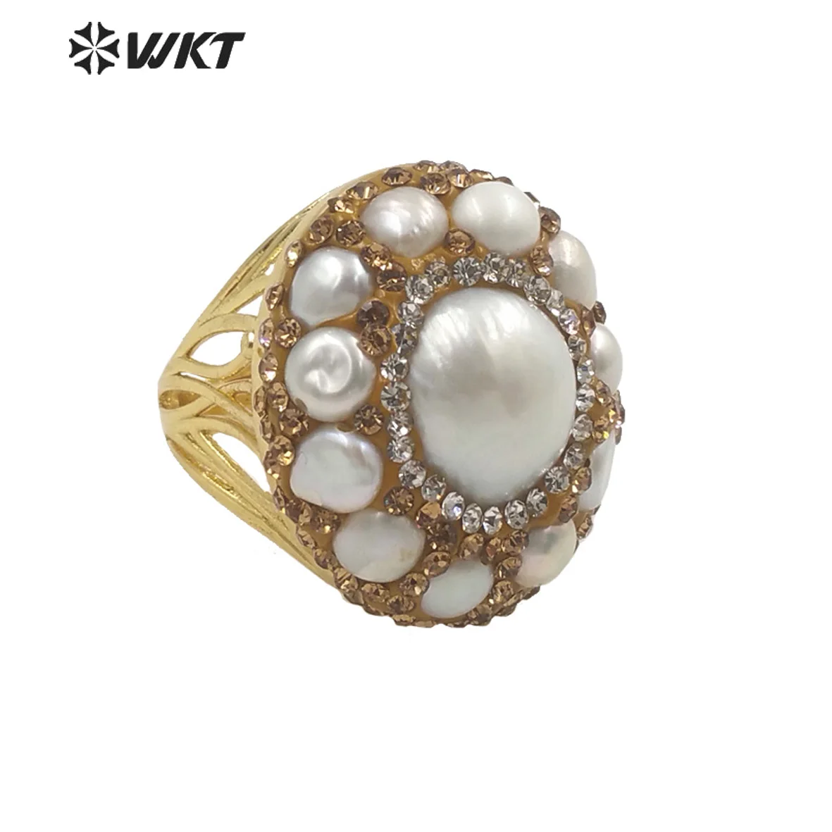 

WT-MPR046 WKT Newest Handmade Rhinestone Setting Multi Pearl Ring Women Gold Plated Freshwater Wedding ACC For Gift