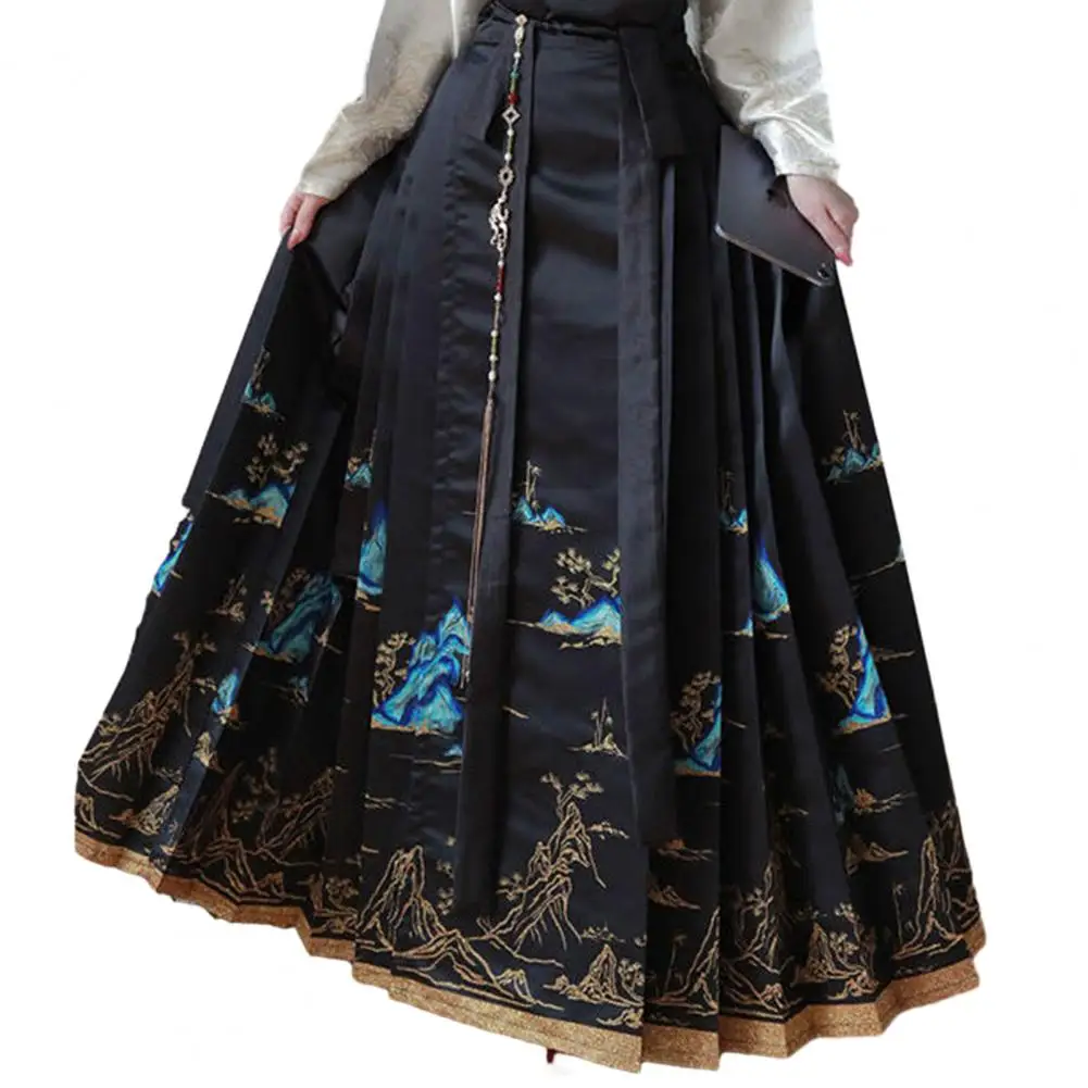 

Chinese Style Skirt Horse-face Skirt Hanfu Costume with Retro Print Pleated Big Swing Mamianqun Ming for Dance