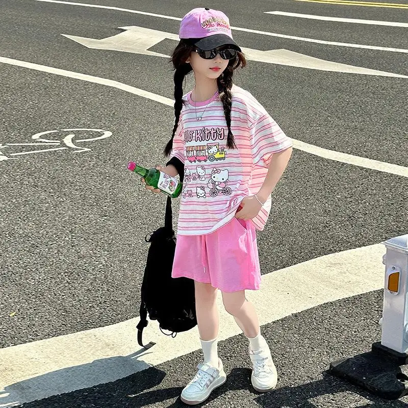 

Sanrio Hello Kitty 2Pcs Girl TShirt Suit Cartoon Anime Children clothing summer Sets Stripe Fashion Shorts Sportswea Leisure New