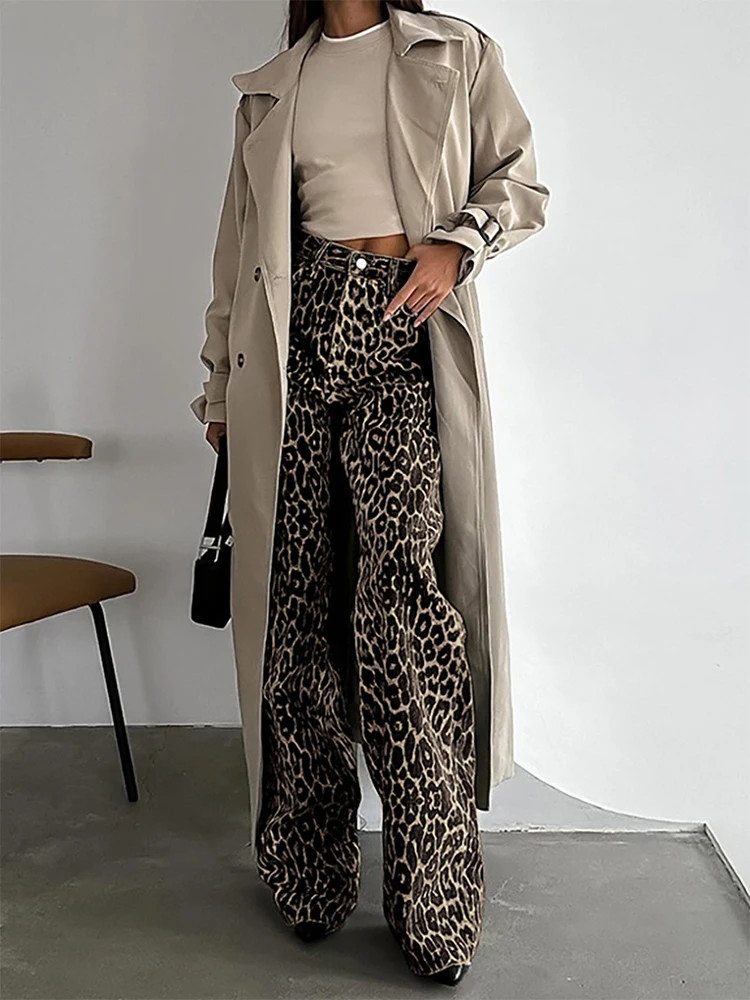 Aynaray Estate Inverno 2024 Pantaloni leopardati da donna Streetwear Pantaloni dritti a vita alta per donna