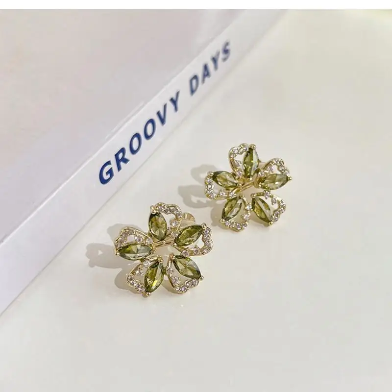 Forest Style Olive Green Zircon Flower Stud Earrings For Women New Trendy Crystal Ears Accessories Jewelry Gift Party Daily Wea