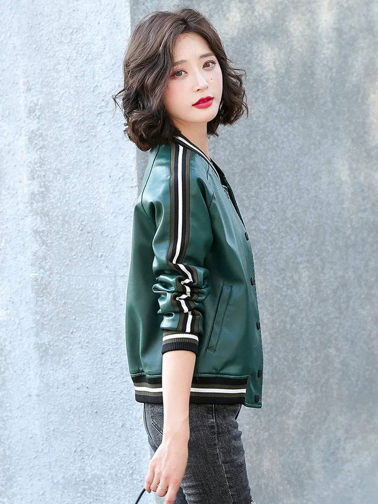 New Women High Street Split Leather Baseball Uniforms Street Casual Coat 2024 Spring Autumn Loose Stitching Sheepskin Jacket