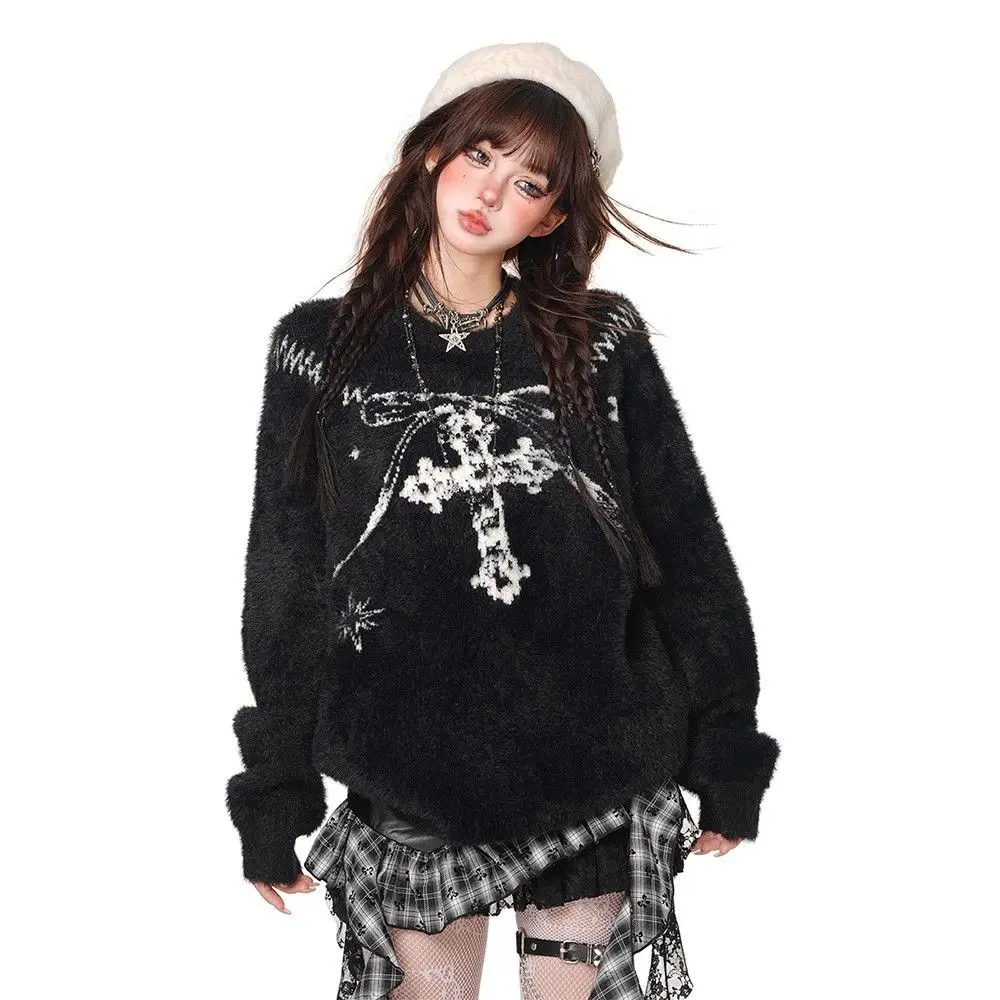 

Y2K Abib Wind Cultural American Lazy Mink Sweater Women's Autumn Bla Sweet Cool Loose Long Sve Top Coat round Ne