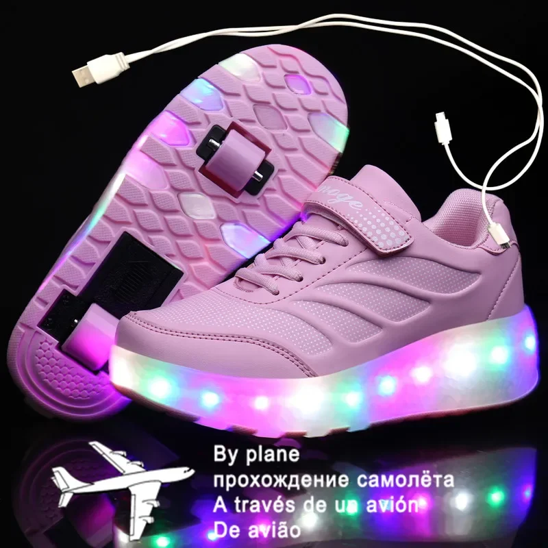 2024 New 27-43 USB Charging Children Sneakers With 2 Wheels Girls Boys Led Shoes Kids Sneakers With Wheels Roller Skate Shoes