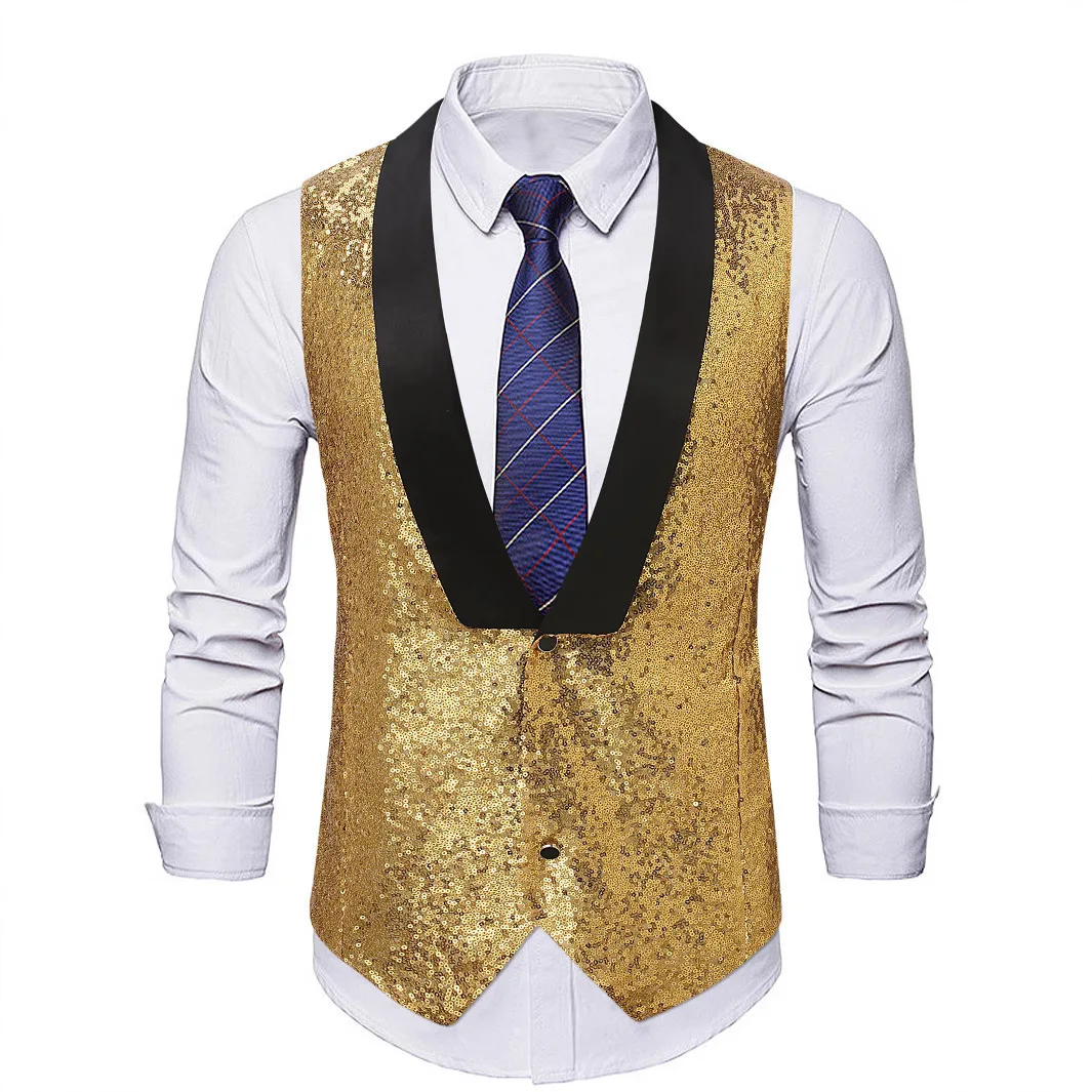 Silver Fashion Shiny Sequin Vest for Men Party/banquet/disco/stage Performance Double Breasted Gold Vests Men's Sparkling Vest