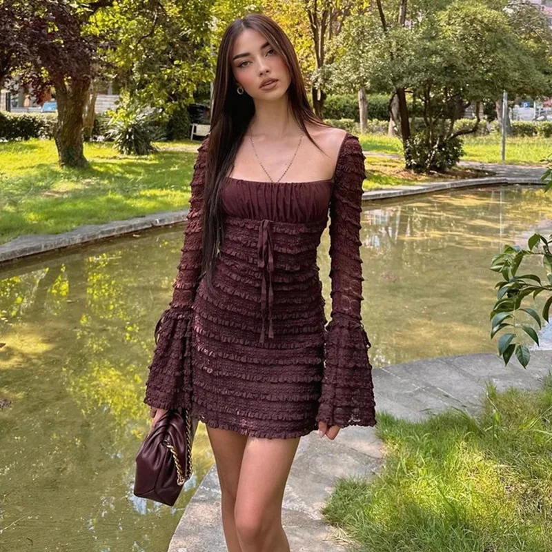 

90's retro lace frill multi-layer miniskirt flared sleeve A-type dress women's elegant cocktail club street dress