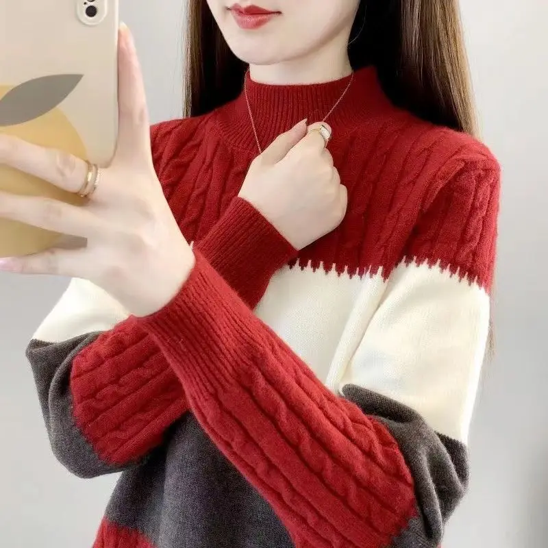 Autumn and Winter Women\'s Spliced Stripe Contrast Half High Collar Long Sleeve Sweaters Jumpers Fashion Casual Korean Tops