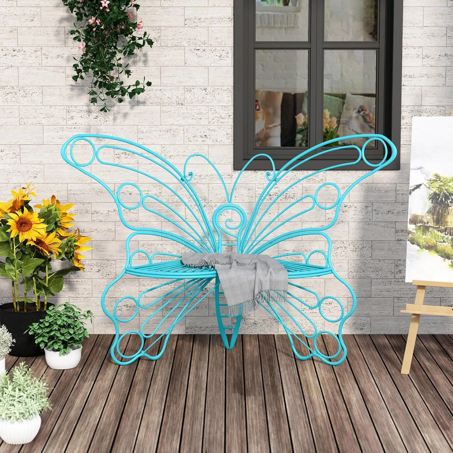 

50" Outdoor Butterfly Bench - Sturdy Iron Frame for Porch/Lawn/Garden/Yard