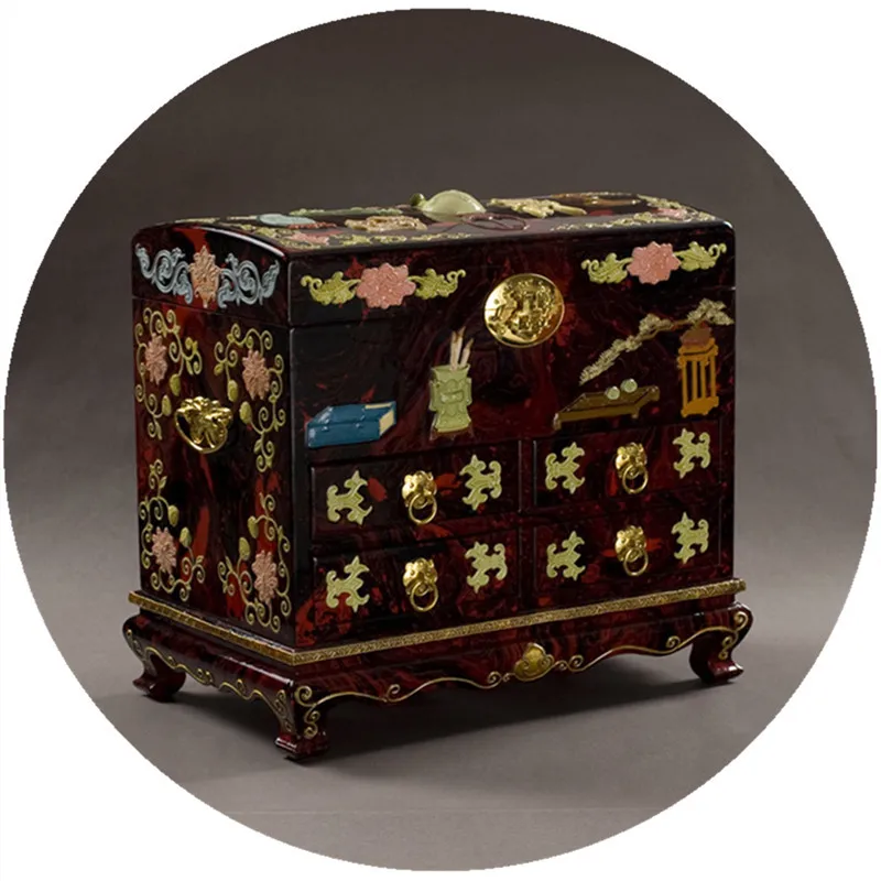 

Large 4-drawer cosmetic jewelry box, gold and jade powder stacking process storage box
