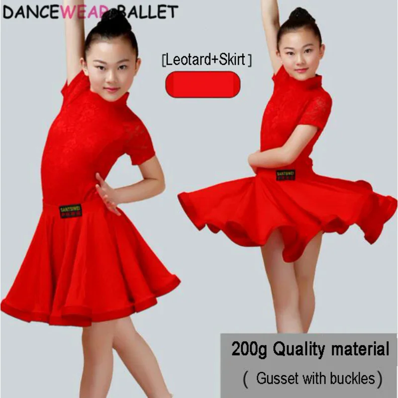 New Girls latin dance skirt Ballroom Salsa Tango Skirts Kid Child Lace Split Dress With Leotard And