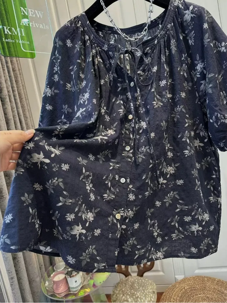 

Loose Lightweight Floral Tie Svel Women's irt Unique Personali Summer Trendy Commute Sle round Ne ort Sve