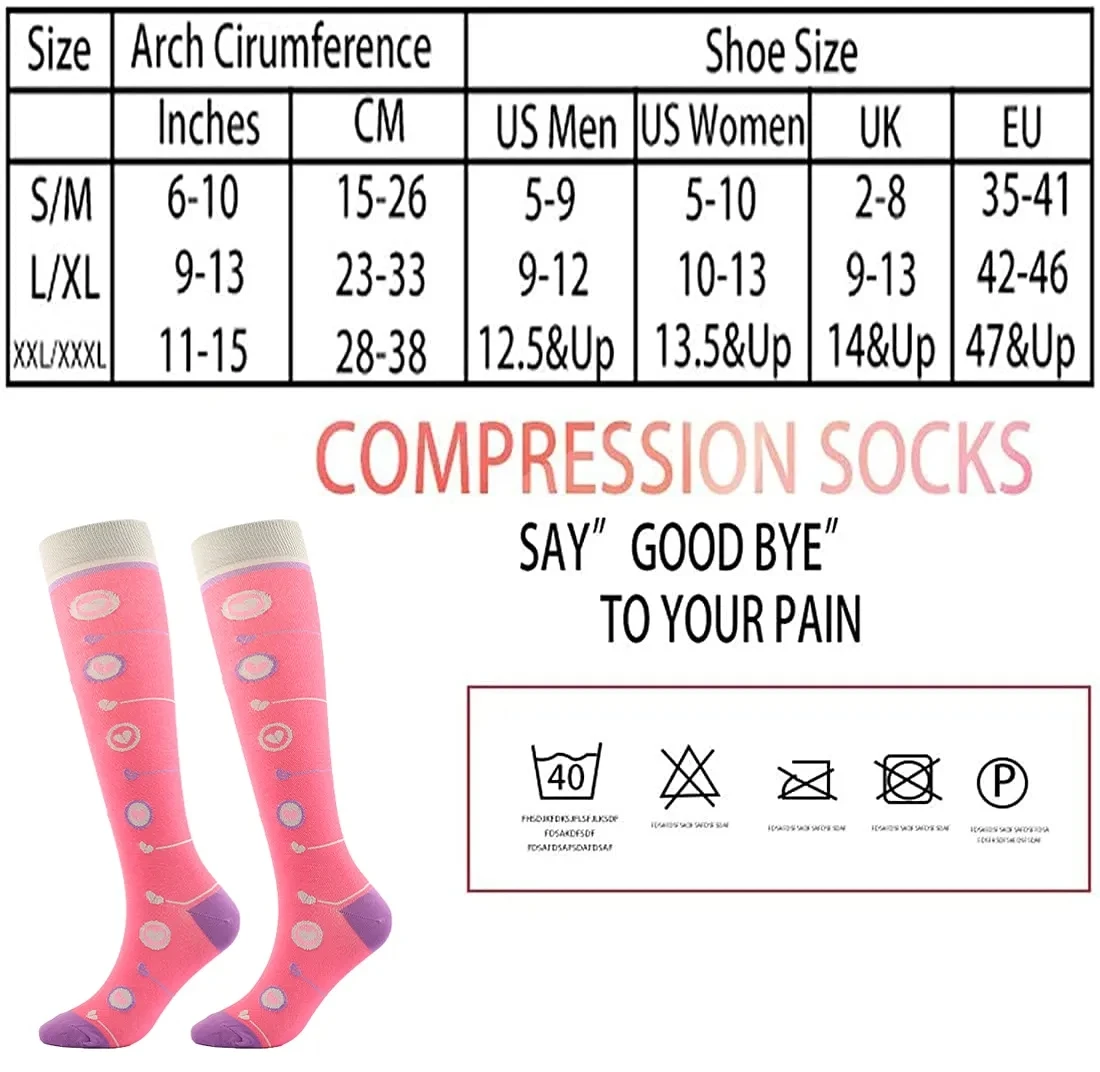 6 Pairs Compression Socks Women\'s Printed Varicose Veins Nurse Medical Pregnancy Blood Circulation Elastic Socks Sports Running