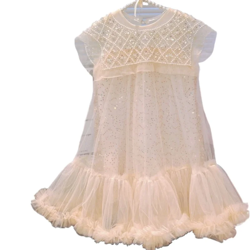 

Girls Pearl Embroidery Sequined Dress Summer Kids Clothing 2-14 Years Children's Wedding Party Sweet Princess Mesh Lace Dresses