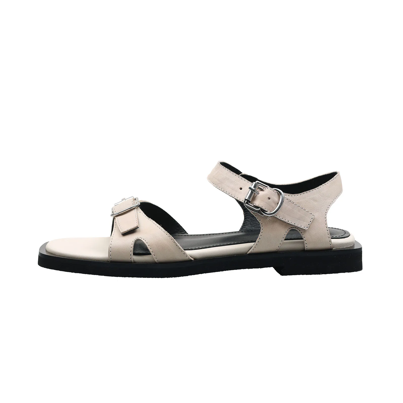 

Arden Furtado 2025 Summer Holiday style cowhide Belt buckle Open toe Flat Sandals Square toe Low heel word-cingulate Sandals