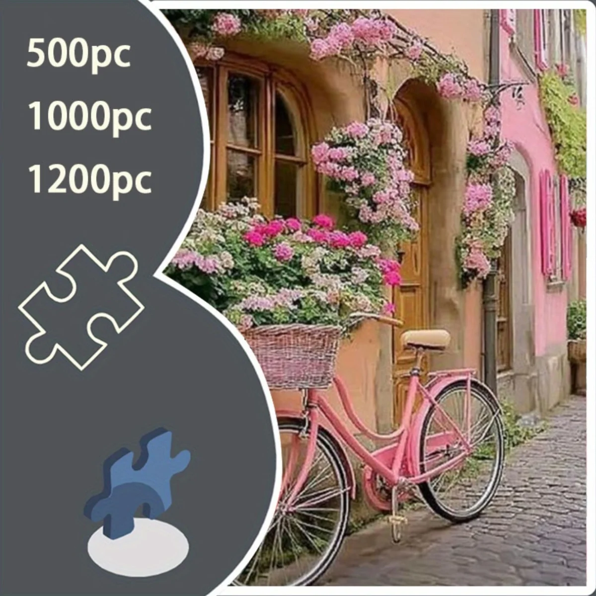 500/1000/1200pcs Extra Large Jigsaw Puzzle - European Village Scene with Pink Bicycle, Floral Houses & Cobblestone Streets - T