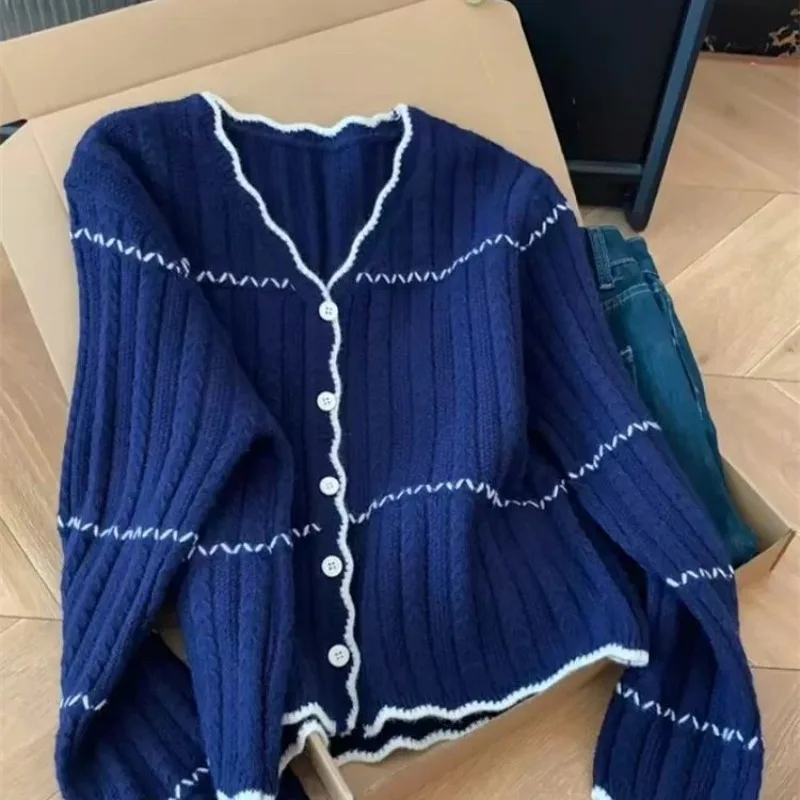 Contrast Color Striped Knitted Cardigan Women Autumn Winter Lazy V Neck Long Sleeve Sweater Simple Versatile Base Tops