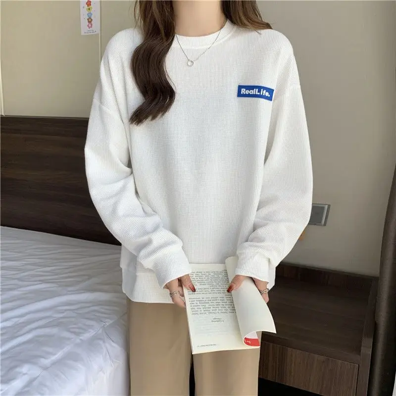 

Waffle hoodie women's round neck loose new Korean version lazy style thin student top jacket trendy Preppy Style Korean Hoodies