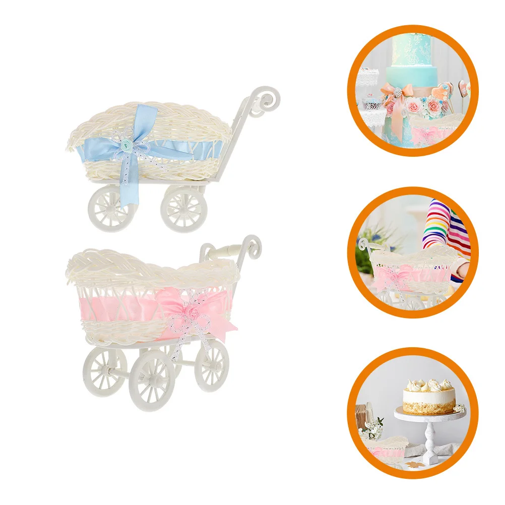 

2Pcs Stroller Shape Artificial Rattan Woven Candy Baskets Cute Portable Design for Wedding Party Gift Basket Decorations Storage