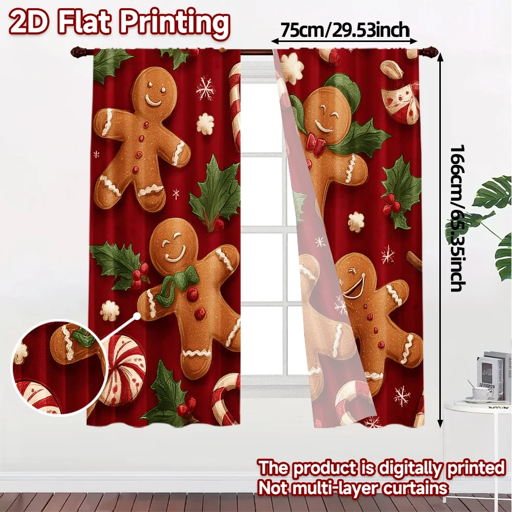 2D Flat Printing,JIT 2pcs, Curtains (Without Rod) Gingerbread Cheer Pattern Chic Curtains Versatile 100% Polyester Curtains Home