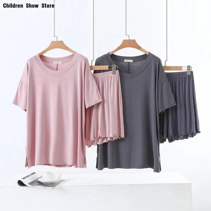 Summer New Modal Pajamas Set V-Neck Short Sleeve T-Shirt Pants Outfit Wood Grain Edge Casual Simple Two-Piece Set Bigsize 2Xl