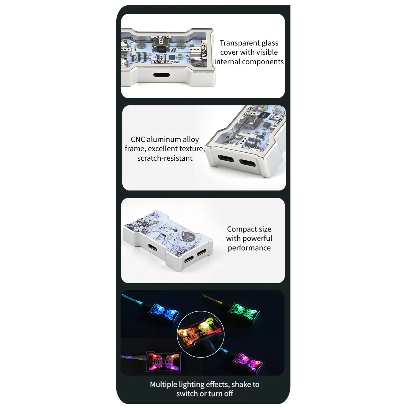1 Pcs Little Gaming USB HUB 1 In 3 Out Portable Desktop Expansion Dock With Aluminum Frame  Double Glass Shell Replace Supplies