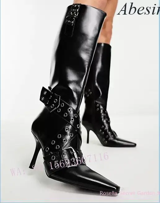 2023 Abesire New Retro Hot Girl Strap Pointed Boots Rivet Stiletto Heel Boots Fashion Catwalk Women's Boots