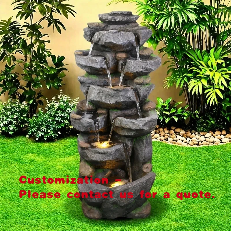 custom.Large Outdoor LED Tiered Fountain Ornament Polyresin Rockery Curtain Wall Stylish Artificial Garden Yard Lawn