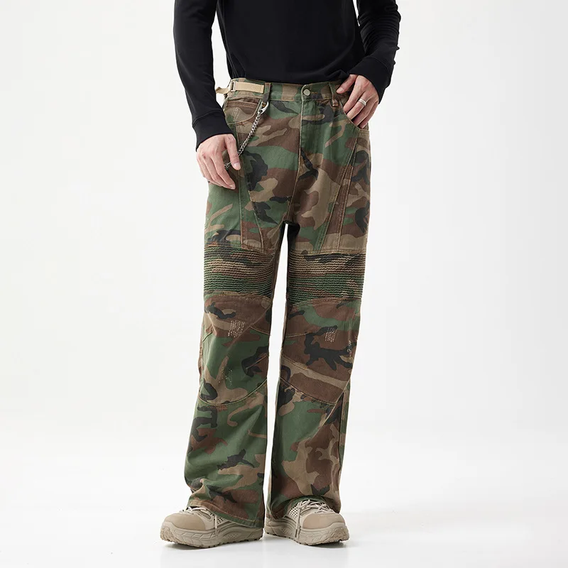 High-End Men's Straight Leg Jeans Heavy-Du Casual High Street Sle Loose Wide Leg Workwear Trousers Comfortable Fit