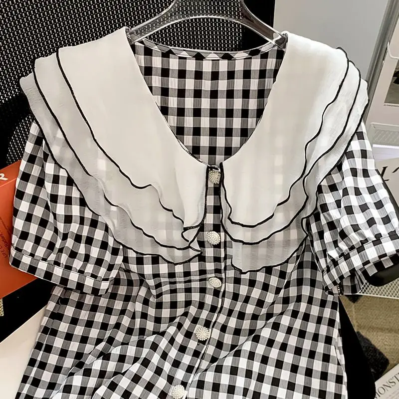 2024 New Vintage Plaid Oversized Women\'s Clothing Summer Office Lady Tops Ladies Undercoat Shirts Short Sleeve Black Blouses