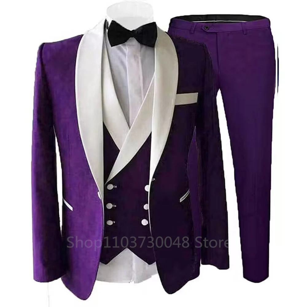 3 Piece Suits for Men Slim Fit Groom Wedding Tuxedos Shawl Lapel Jacket Business Formal Party Blazer Vest Pants Costume Homme