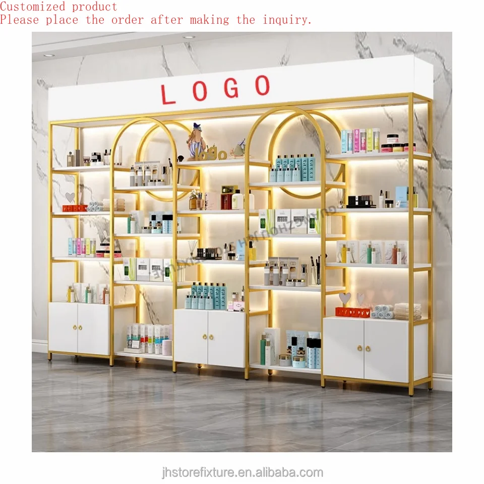 

Модная концепция косметических полок Золотой розничный магазин Косметическая витрина со шкафом для магазина Настроить размер логотипа