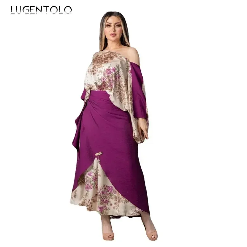 Abito da donna con grembiule sexy Abito da festa in 2 pezzi Grande altalena Stampa viola Petto avvolto Manica lunga Lady Empire Legant Medio Oriente Abbigliamento