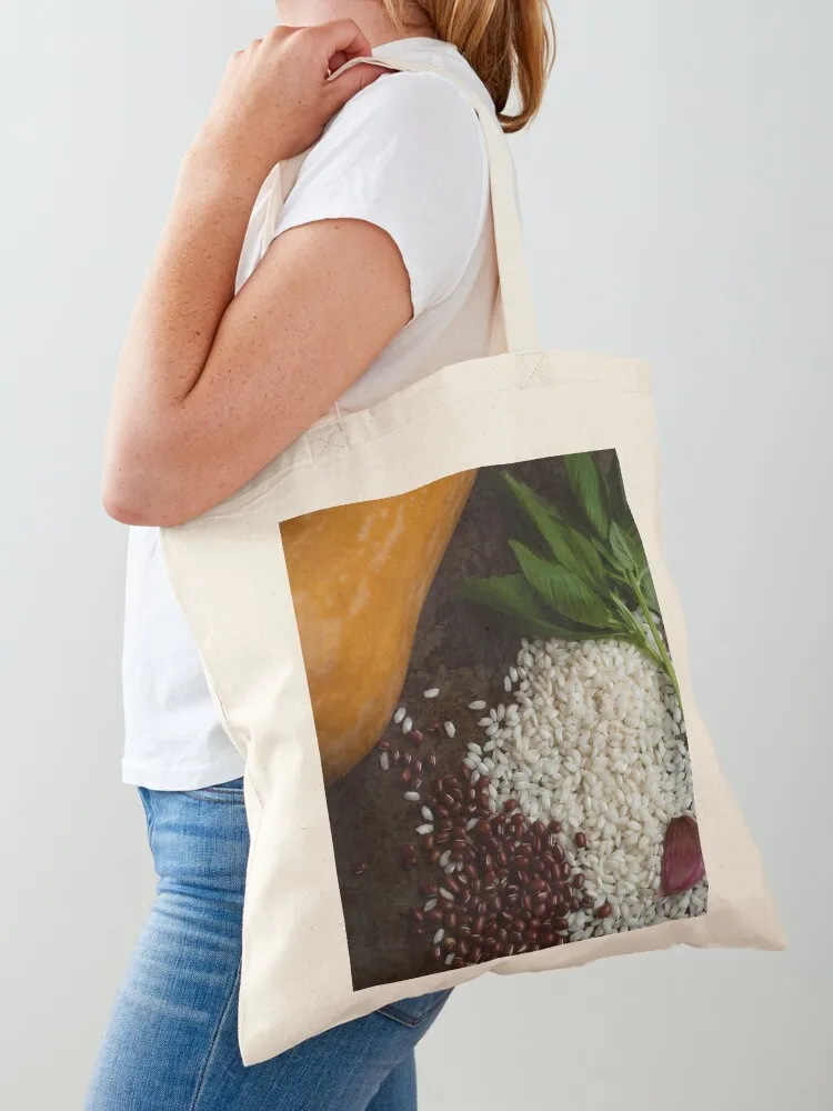 

Risotto, Red Adzuki Beans, Garlic, Basil and Butternut Squash on a Roasting Tin Tote Bag Woman shopper bag tote bag woman