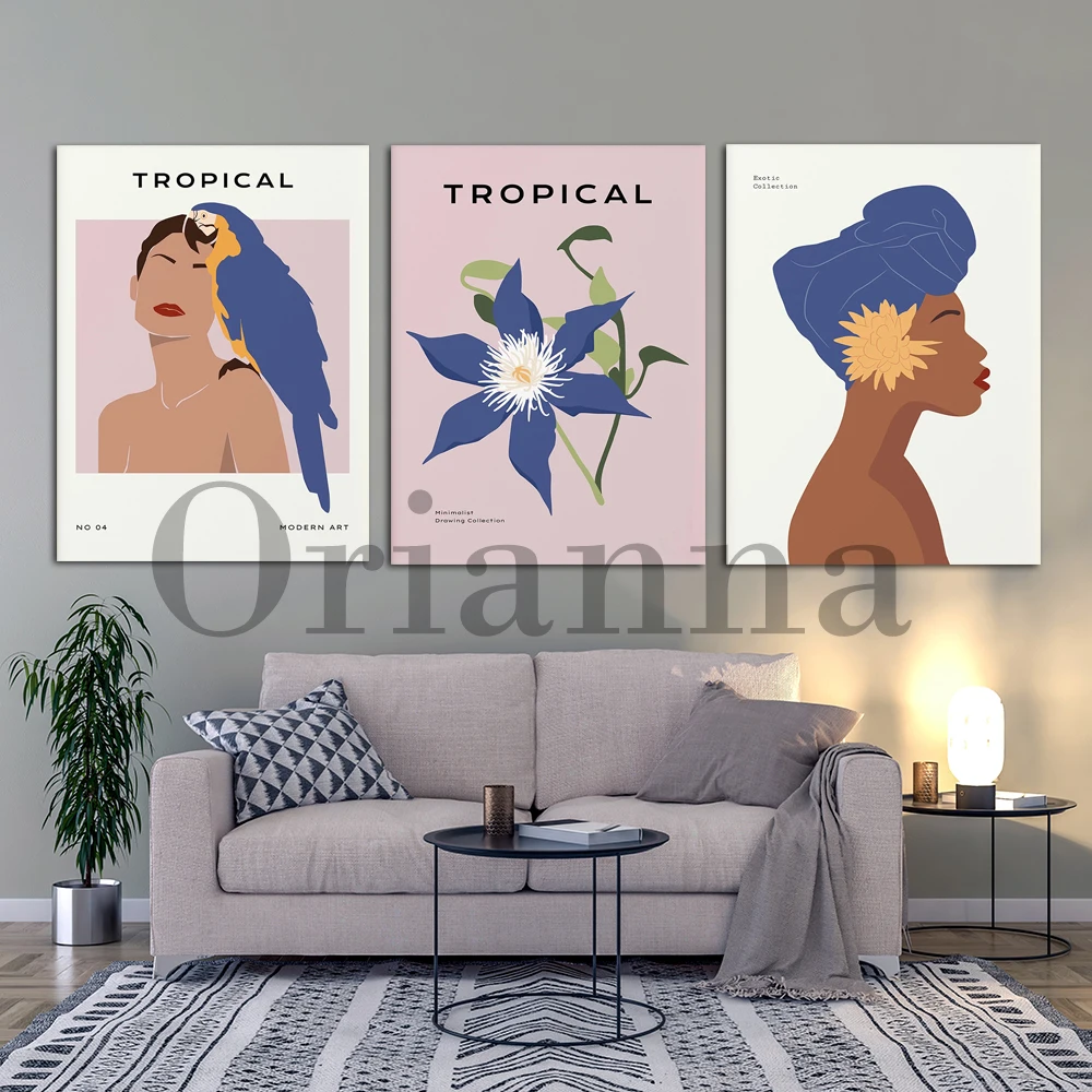 Exotic Botanical Black Woman Pink Navy Blue Tropical Flowers Wall Art Prints Poster Modern Living Room Bathroom Decor Painting