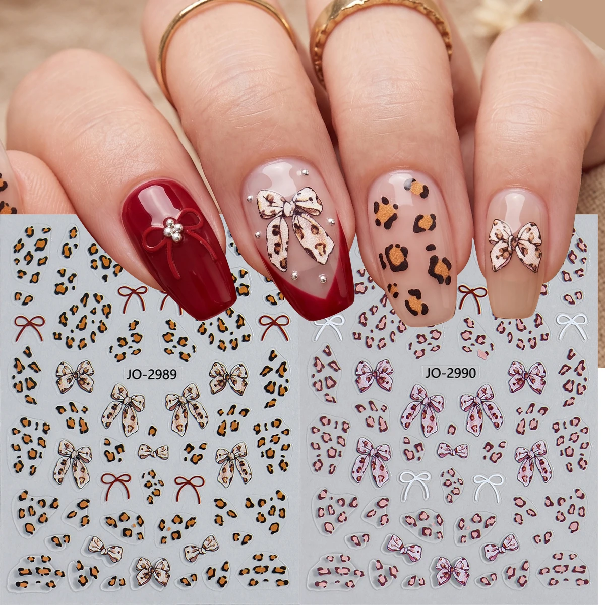 2 Stück Niedliche Leoparden-Schleifen 3D Nagelkunst-Aufkleber Herbst-Winter-Stil Schleifenknoten Rosa & Braun Leoparden-Nagelsticker DIY Maniküre-Dekorationen – Detail 3