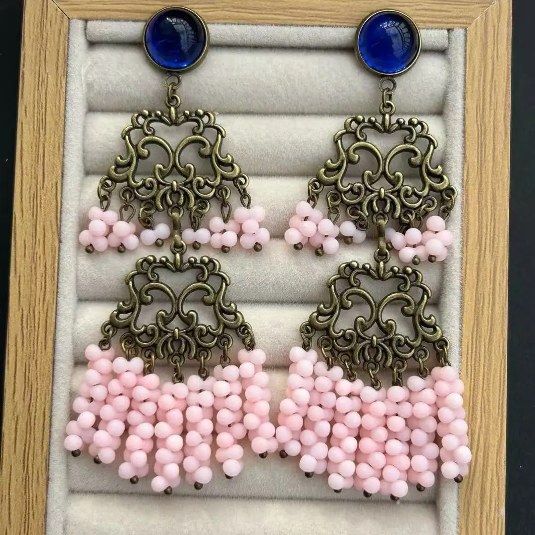Medieval retro exaggerated pink Czech glazed peanut beads double-layer fringed earrings niche temperament shoulder-sweeping earr